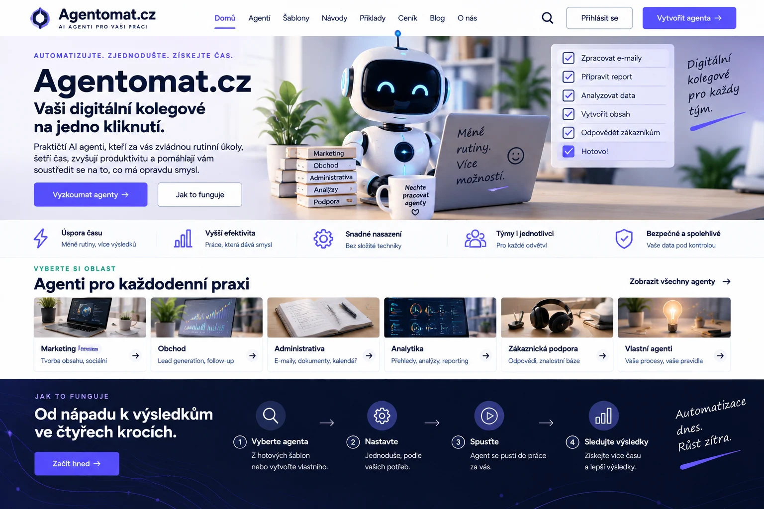 Ilustrační návrh platformy Agentomat.cz pro práci s AI agenty ve fialovém rozhraní